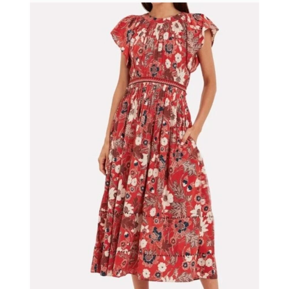 ULLA JOHNSON Sz 8 Red Voile Floral Print Lottie Dress Midi Red White Blue